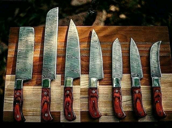 7 PCS HAND FORGED Full Tang Damascus Steel kitchen set knives + Leather Sheath