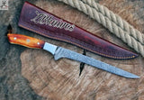 12.5" Inches HAND FORGED Full Tang Damascus Steel Fishing Fillet Knife + leather sheath ZB Knives Store