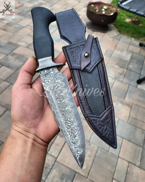 13.5" Inches HAND FORGED Fixed Damascus Steel Hunting Bowie Knife + leather sheath ZB Knives Store