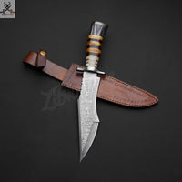 13.5" Inches HAND FORGED Full Tang Damascus Steel Hunting Bowie Knife+ Leather Sheath ZB Knives Store