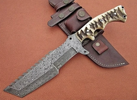 12" Inches HAND FORGED Full Tang Damascus Steel Tracker knife+ Leather sheath
