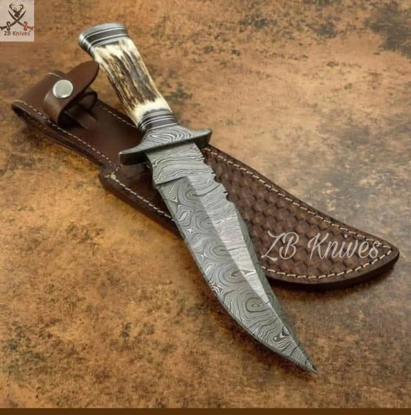 13" Inches HAND FORGED Fixed Damascus Steel Hunting Bowie Knife + leather sheath ZB Knives Store