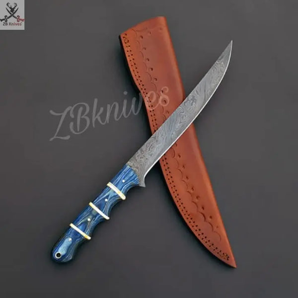 13" inches HAND FORGED Full Tang Damascus Steel Fillet Knife + leather sheath ZB Knives Store