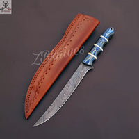 13" inches HAND FORGED Full Tang Damascus Steel Fillet Knife + leather sheath ZB Knives Store