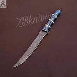 13" inches HAND FORGED Full Tang Damascus Steel Fillet Knife + leather sheath ZB Knives Store