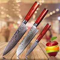 3 PCS HAND FORGED Full Tang Damascus Steel kitchen set knives + Leather Sheath