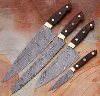 4 PCS HAND FORGED Full Tang Damascus Steel Kitchen Set Knives+ Leather Roll kit