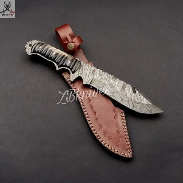 14" Inches HAND FORGED Full Tang Damascus Steel Hunter Bowie Knife+ Leather sheath ZB Knives Store