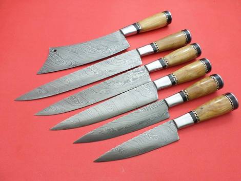 6 PCS HAND FORGED Fixed Blade Damascus Steel Kitchen Set Knives+ Leather Roll kit