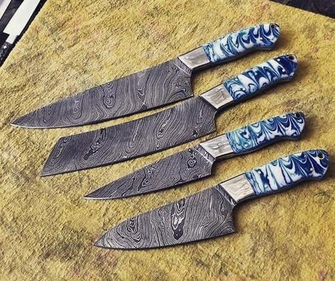 4 PCS HAND FORGED Full Tang Damascus Steel Kitchen Set knives+ Leather roll kit