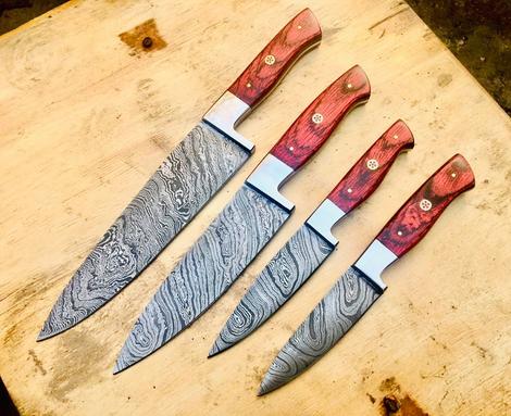 4 PCS HAND FORGED Full Tang Damascus Steel kitchen set knives + Leather Sheath