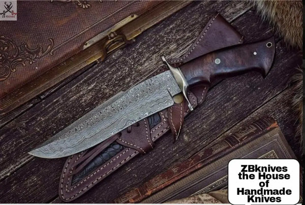 15" Inches HAND FORGED Fixed Blade Damascus Steel Hunter Bowie Knife + leather sheath ZB Knives Store