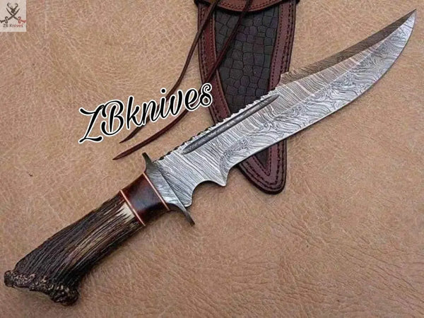 18" Inches HAND FORGED Fixed Blade Damascus Steel Hunter Bowie Knife + leather sheath ZB Knives Store