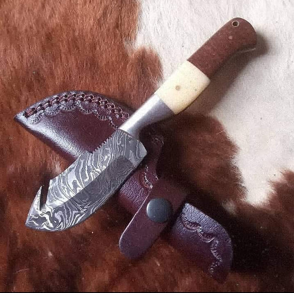 8" inches HAND FORGED Damascus Steel Gut Hook Skinning Knife + Leather Sheath