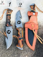 2 PCS HAND FORGED Full Tang Damascus steel and High Carbon Steel Gut Hook Hunting ZB Knives Store