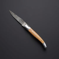 8.5" Inches approx HAND FORGED Full Tang Damascus Steel Folding Pocket Knife+ Leather sheath