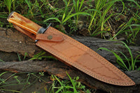 15.75" inches HAND FORGED Fixed Blade Damascus Steel Hunting Bowie Knife + Leather Sheath