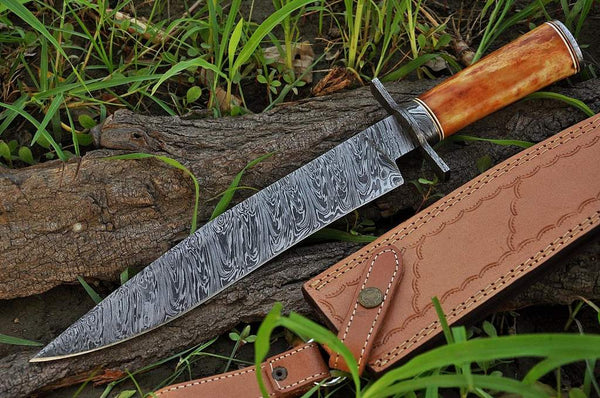 15.75" inches HAND FORGED Fixed Blade Damascus Steel Hunting Bowie Knife + Leather Sheath