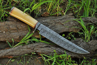 14.25" inches HAND FORGED Fixed Blade Damascus Steel Hunting Bowie Knife + Leather Sheath