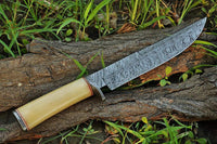 14.25" inches HAND FORGED Fixed Blade Damascus Steel Hunting Bowie Knife + Leather Sheath