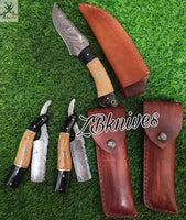 3 PCS HAND FORGED Full Tang Damascus Steel Skinning and Razor knives+ leather sheath ZB Knives Store