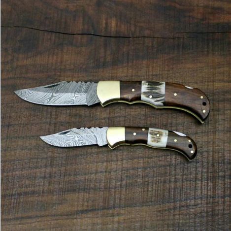 2 PCS HAND FORGED Damascus Steel Folding Pocket knife+ Leather sheath