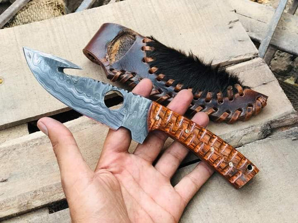 9.5" Inches HAND FORGED Full Tang Damascus Steel Gut Hook Hunting Knife+ Leather sheath