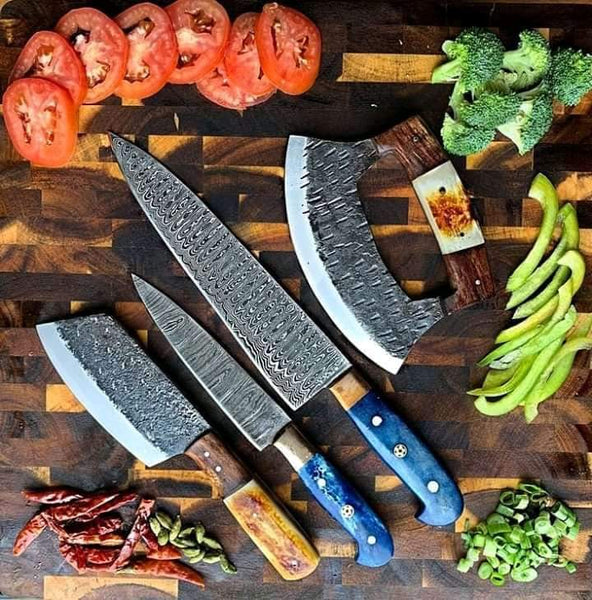 4 PCS HAND FORGED Fixed Blade 1095 High Carbon Steel Kitchen Set Knives+ Leather roll kit