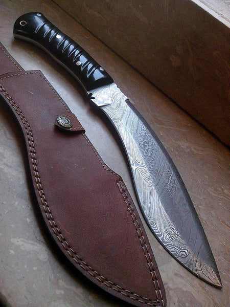 16" Inches HAND FORGED Fixed Blade Damascus Steel Kukri Knife+ Leather sheath