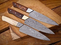 THIS IS A SET OF 3 CUSTOM HANDMADE FULL TANG DAMASCUS KITCHEN/CHEF KNIVES - ZB Knives Store