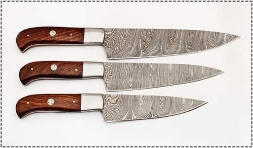 3 PCS HAND FORGED Full Tang Damascus Steel kitchen set knives+ Leather sheath