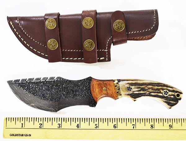 9.5" Inches HAND FORGED Damascus Steel Tracker knife+ Leather sheath