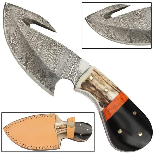 7.5" Inches HAND FORGED Full Tang Damascus Steel Gut Hook Skinning Knife+ Leather sheath