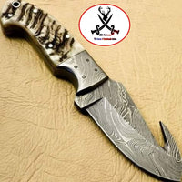 Handmade Damascus steel Gut 8" Inches HAND FORGED Full Tang Damascus Steel Gut Hook Skinning Knife+ Leather sheathhook knife