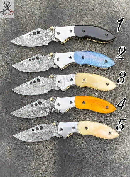 5 PCS HAND FORGED Damascus Steel Folding Pocket Knife + leather sheath ZB Knives Store