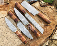 5 PCS HAND FORGED Fixed Blade Damascus Steel kitchen Set Knives + leather Roll kit ZB Knives Store