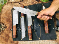 5 PCS HAND FORGED Fixed Blade Damascus Steel kitchen Set Knives + leather Roll kit ZB Knives Store