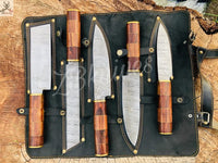 5 PCS HAND FORGED Fixed Blade Damascus Steel kitchen Set Knives + leather Roll kit ZB Knives Store