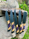 5 PCS HAND FORGED Full Tang 1095 high carbon steel powder coated Kitchen Set knives + leather case 💙💜💛 ZB Knives Store