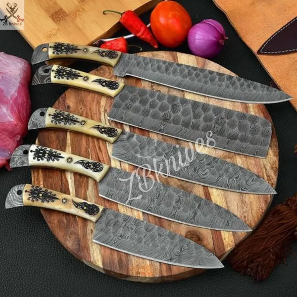 5 PCS HAND FORGED Full Tang Damascus Steel Kitchen Set Knives+ Leather Roll kit ZB Knives Store