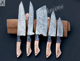 5 PCS HAND FORGED Full Tang Damascus Steel Kitchen Set knives+ Leather Roll kit ZB Knives Store