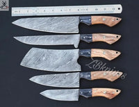 5 PCS HAND FORGED Full Tang Damascus Steel Kitchen Set knives+ Leather Roll kit ZB Knives Store