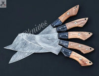 5 PCS HAND FORGED Full Tang Damascus Steel Kitchen Set knives+ Leather Roll kit ZB Knives Store