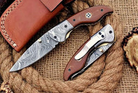 7.5" Inches HAND FORGED Full Tang Damascus Steel Folding Pocket Knife+ Leather sheath