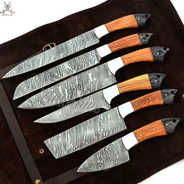 6 PCS HAND FORGED Full Tang Damascus Steel kitchen Set knives + Leather Roll Kit ZB Knives Store