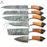 6 PCS HAND FORGED Full Tang Damascus Steel kitchen Set knives + Leather Roll Kit ZB Knives Store