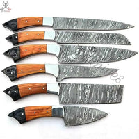 6 PCS HAND FORGED Full Tang Damascus Steel kitchen Set knives + Leather Roll Kit ZB Knives Store