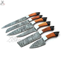 6 PCS HAND FORGED Full Tang Damascus Steel kitchen Set knives + Leather Roll Kit ZB Knives Store