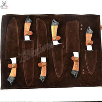 6 PCS HAND FORGED Full Tang Damascus Steel kitchen Set knives + Leather Roll Kit ZB Knives Store