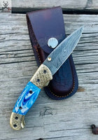 6.5" inches HAND FORGED Damascus Steel Folding Pocket Knife + leather sheath ZB Knives Store